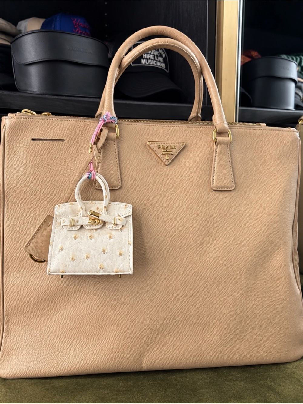 Prada Beige Saffiano Tote with Ivory Mini Charm